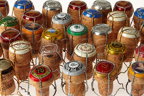 Selection of Champagne corks with their wire cages and caps