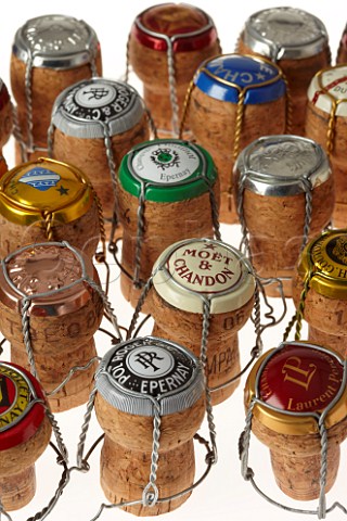 Selection of Champagne corks with their wire cages and caps