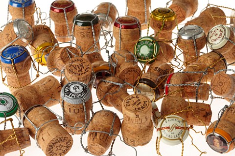 Selection of Champagne corks with their wire cages and caps