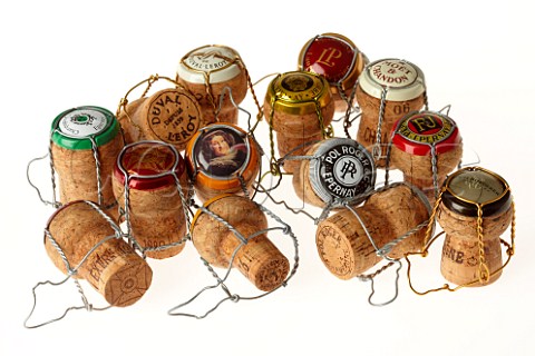 Selection of Champagne corks with their wire cages and caps