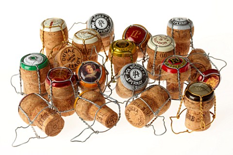 Selection of Champagne corks with their wire cages and caps