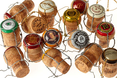 Selection of Champagne corks with their wire cages and caps