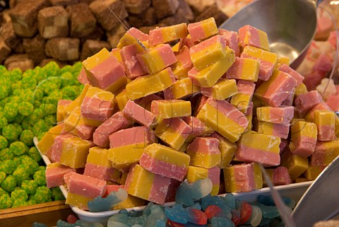 Confectionery on a German stall at the York International Market Place York England