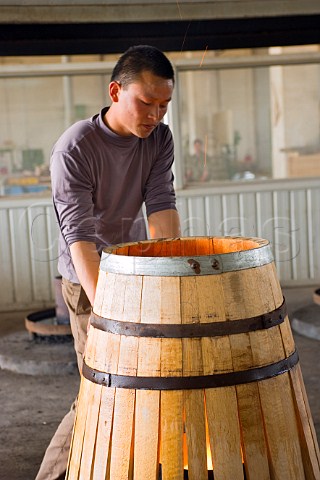 Worker shaping oak barrel at Bodega Langes winery near Chang li Chang Li Hebei Province China