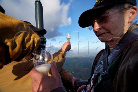 Helen Peacocke in the Taittinger hotair balloon taking part in their altitudinal Champagne tasting to research the affect of altitude on the taste and bubbles