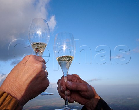 Glasses of Champagne at around 7000 feet in the Taittinger hotair balloon during their altitudinal Champagne tasting to research the affect of altitude on the taste and bubbles