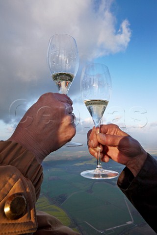 Glasses of Champagne at around 7000 feet in the Taittinger hotair balloon during their altitudinal Champagne tasting to research the affect of altitude on the taste and bubbles