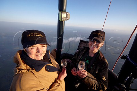 Margaret Everitt BSc MIFST and Helen Peacocke at nearly 7000 feet in the Taittinger hotair balloon taking part in their altitudinal Champagne tasting to research the affect of altitude on the taste and bubbles