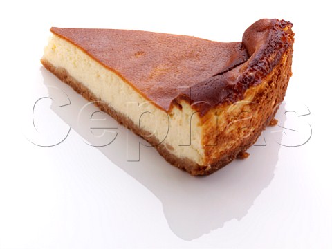A slice of cheesecake on a white background