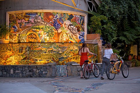 Mosaic mural celebrating the Napa River and the wine industry of Napa Valley  on the promenade of the Riverfront complex in Napa California
