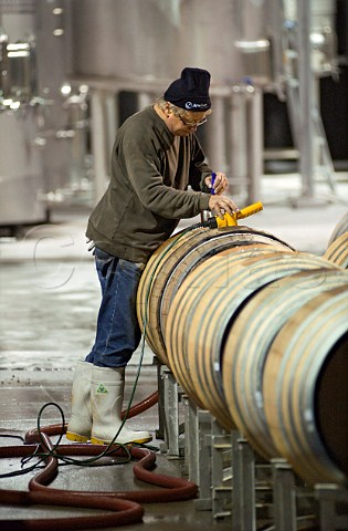 James Healy filling barrels in Dog Point winery Marlborough New Zealand