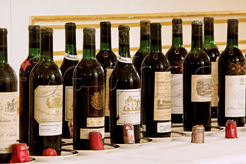 Bottles of 1959 Premier Cru Bordeaux wines at a tasting
