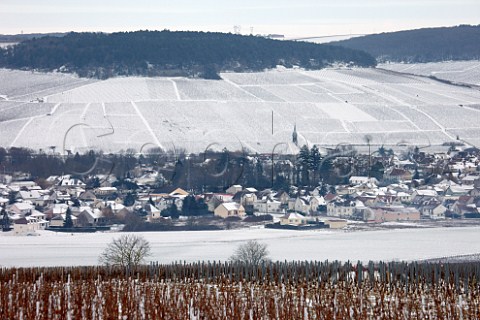 View from Vaillons vineyard premier cru over the town of Chablis and its StMartin Collegiate Church to the grand cru vineyards of Valmur and Les Clos on the slope beyond Yonne France