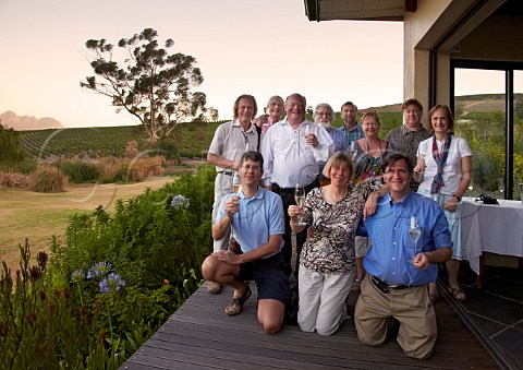Group of wine journalists pose for a picture on the terrace of Jardine Restaurant at Jordan Wine Estate Stellenbosch Western Cape South Africa