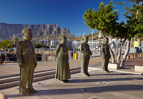 Statues of South Africas four Nobel Peace Prize Laureates Nkosi Albert Luthuli Archbishop Emeritus Desmond Tutu former State President FW de Klerk and former President Nelson Mandela  Nobel Square VA Waterfront Cape Town Western Cape South Africa