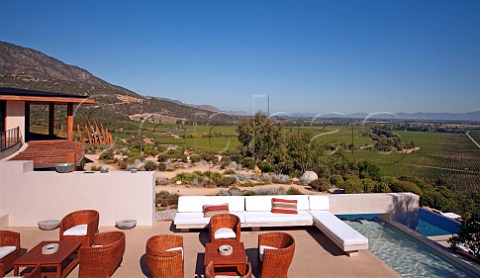 Terrace of the Lapostolle Clos Apalta Hotel a member of the Relais  Chateaux group Apalta Colchagua Valley Chile