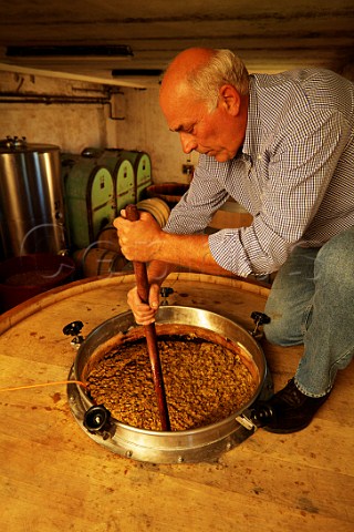 Niccol Bensa hand plunging the grapeskin cap on a vat of fermenting Ribolla Gialla  La Castellada Oslavia Friuli Italy    Collio