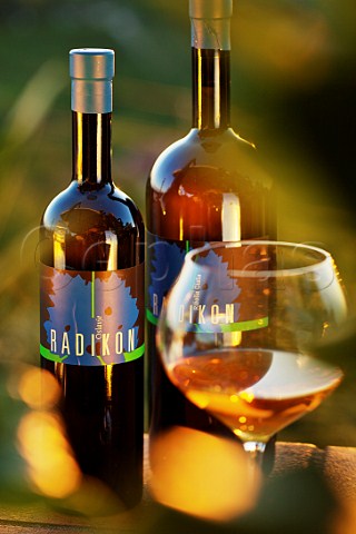 Bottles of Radikon Ribolla Gialla at sunset Oslavia Friuli Italy   Collio