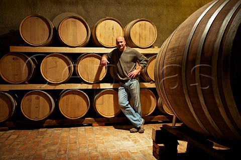 Ales Kristancic owner and winemaker in barrel cellar of the Movia winery  Medana near Dobrovo Slovenia   Brda