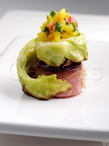 Maple glazed gammon canape with cabbage