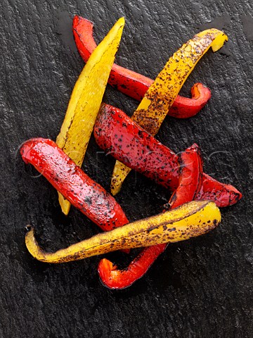 Red and yellow pepper strips flamed
