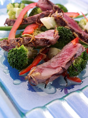 Griddled sirloin steak strips and vegetable salad