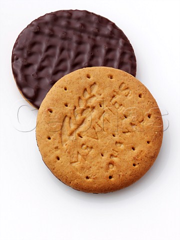 Chocolate digestive biscuits on a white background