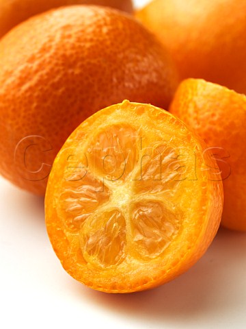 Whole and half kumquats on a white background
