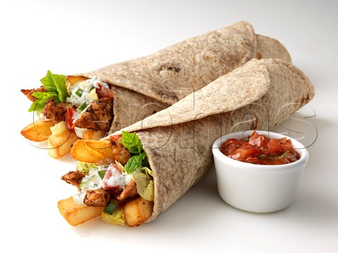 Two chicken chappati wraps with chips