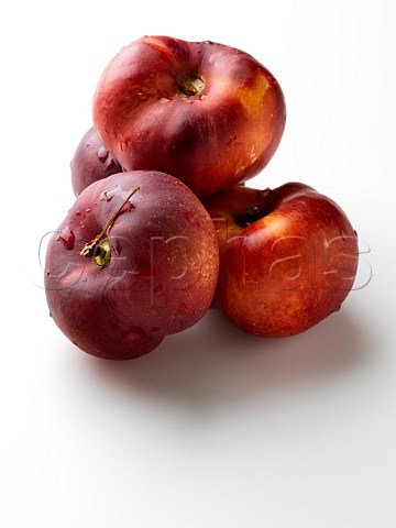 A pile of flat peento nectarines on a white background