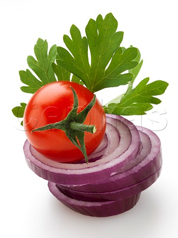 Cherry tomato red onion slices and parsley on a white background