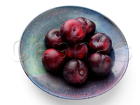 Ripe plums in a blue bowl on a white background