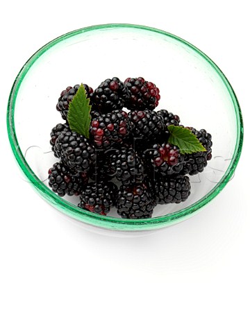Ripe blackberries in a glass bowl on a white background
