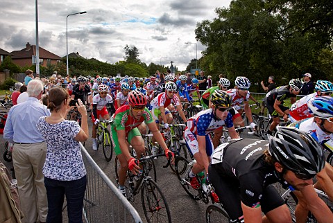 London Surrey Cycle Classic August 2011   The peloton negotiating a roundabout in West Molesey