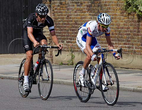 London Surrey Cycle Classic August 2011  Liam Holohan leads Kristian House the last two remaining of the early break Near Hampton Court on the return journey into London