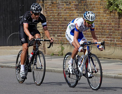London Surrey Cycle Classic August 2011  Liam Holohan leads Kristian House the last two remaining of the early break Near Hampton Court on the return journey into London