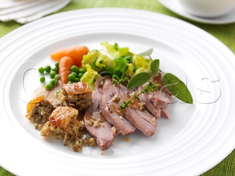 Slices of turkey thigh with peas carrots and stuffing