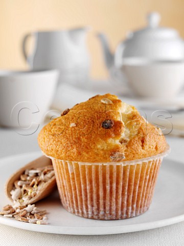 Breakfast multi grain muffin with seeds and tea set