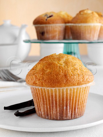 Breakfast vanilla muffin with podds and tea set