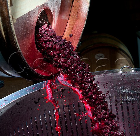 Emptying the solid matter skins and pips into a basket press after fermentation in  barrique to obtain the press wine Cuve Spciale Pby Faugres  Chteau Faugres StEtiennedeLisse near Saintmilion Gironde France Stmilion  Bordeaux