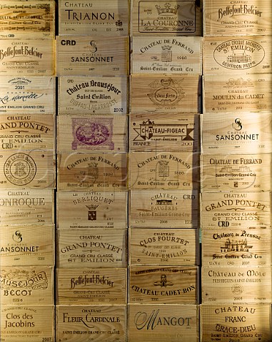 Display of wooden wine cases in The Maison du Vin of Saintmilion Gironde France  Stmilion  Bordeaux