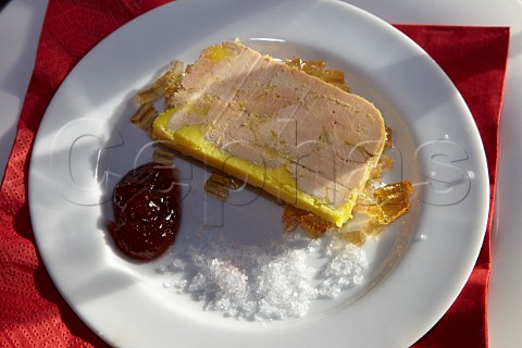 Slice of foie gras on a plate with confiture de figue and fleur de sel France