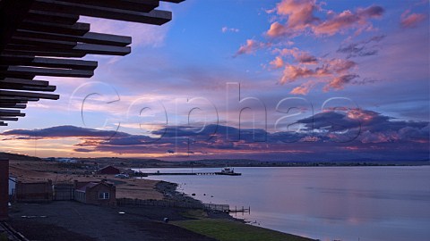 View over the Seoret Channel from The Singular Hotel at sunrise Puerto Bories Patagonia Chile