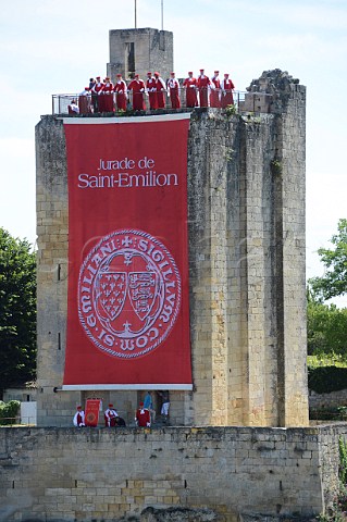 Members of the Jurade de Stmilion on top of the Kings Tower Saintmilion Gironde France