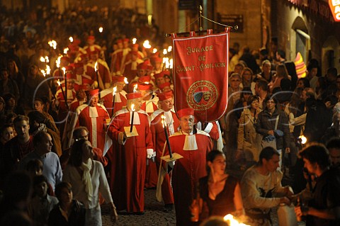 Members of the Jurade de Stmilion parading through the town to celebrate the beginning of the grape harvest Ban des Vendanges Saintmilion Gironde France