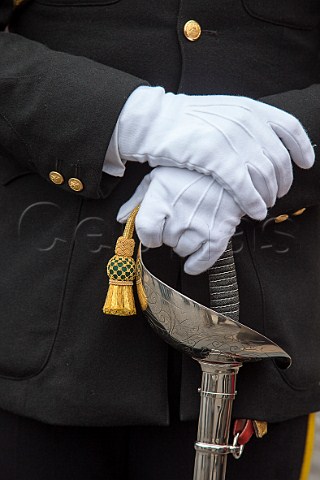 Guard holding a broadsword Edinburgh Castle Scotland