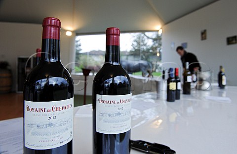Bottles of Domaine de Chevalier during the En Primeur tasting of 2012 wines at Chteau la Gaffelire  Stphane Derenoncourt  is consultant at both properties Bordeaux France