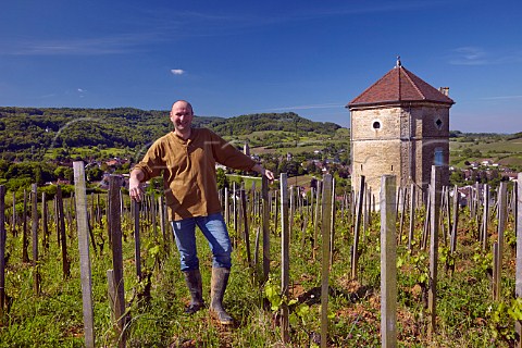 Stphane Tissot and Chardonnay vines in La Tour de Curon vineyard of Domaine Andr et Mireille Tissot Arbois Jura France  Arbois