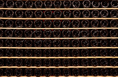 Bottles ageing sur lattes in cellar of Jacques Puffeney MontignylsArsures Jura France Arbois
