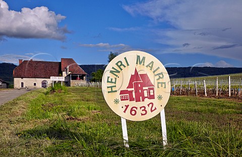 Henri Maire sign by their vineyard at Domaine de Grange Grillard Arbois Jura France